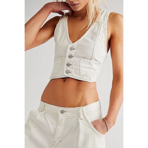 NWT FREE PEOPLE RIDER DENIM VEST SUIT 2 PC CROPPED VESTV& WIDE LEG - Picture 3 of 3